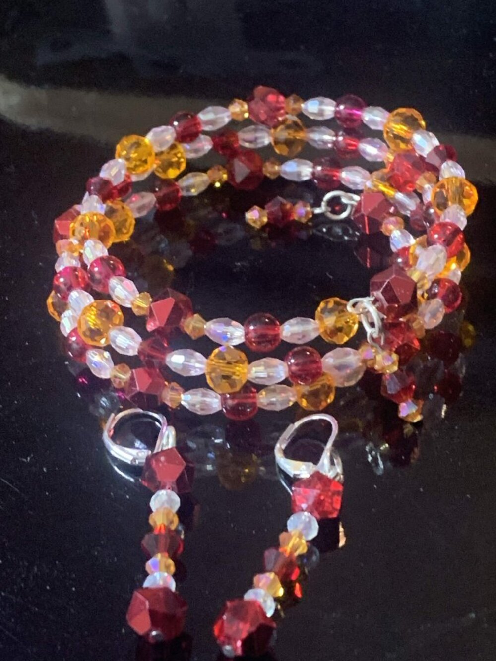 'Fire and Ice' hand crafted glass coil bracelet and earrings set
